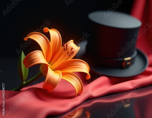 Obraz na płótnie Orange Lily and Top Hat on Red Fabric - Elegant Still Life Photography w salonie
