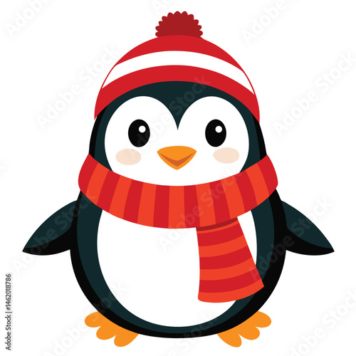 A cute penguin wearing a red hat and a striped scarf on white  background
