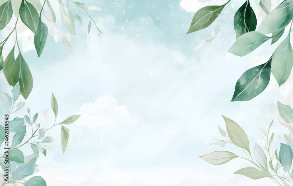 Naklejka premium Blue sky and white clouds with green leaves border, nature abstract background