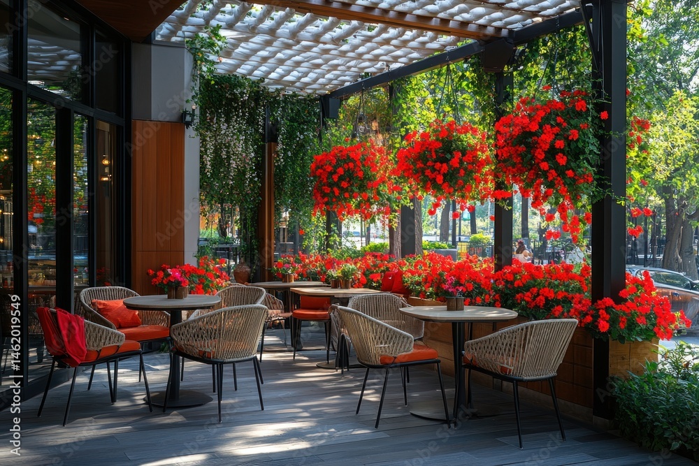 Obraz premium Outdoor cafe patio with red flowers, sunny day, city background, relaxing atmosphere