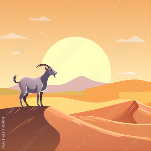 A solitary goat standing on a sand dune in a vast desert landscape, with the sun setting in the background, symbolizing resilience and devotion