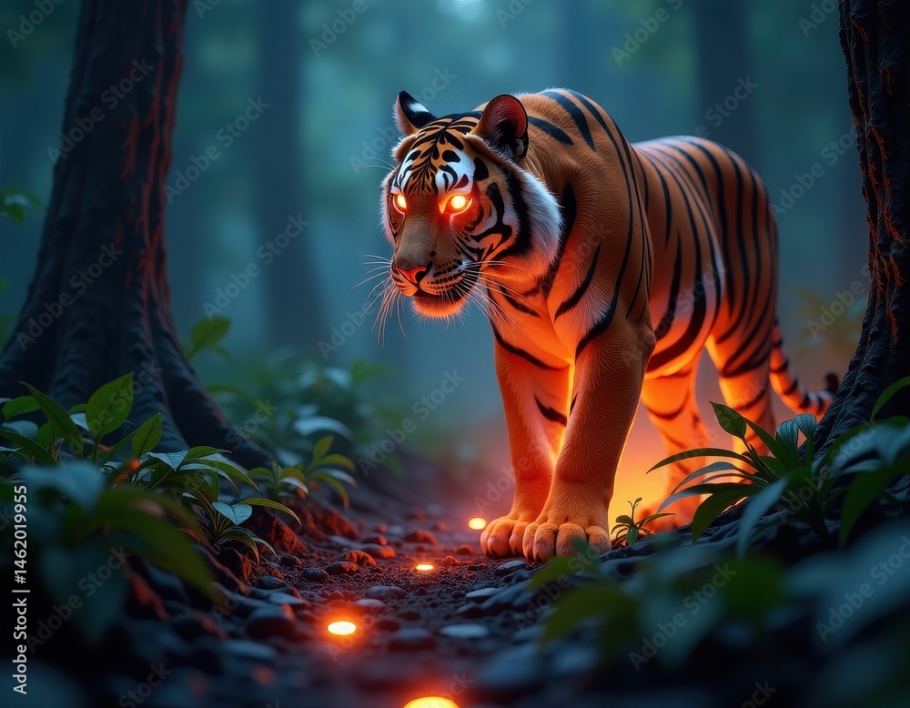 Majestic Tiger with Glowing Eyes in Dark Forest.