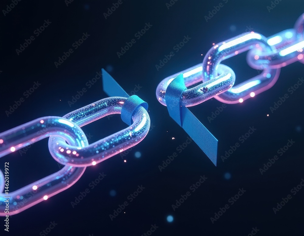 Broken Chain Link, Digital Technology, Abstract Background, Neon Lights, Cybersecurity, Network Security, Data Breach, Disconnection