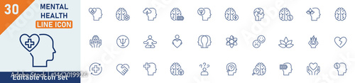 Mental Health line icon set. Set of 30 outline icons related to meditation, anxiety, psychologist, psychiatrist, depression, stress, therapy and others. Editable stroke. Vector illustration.