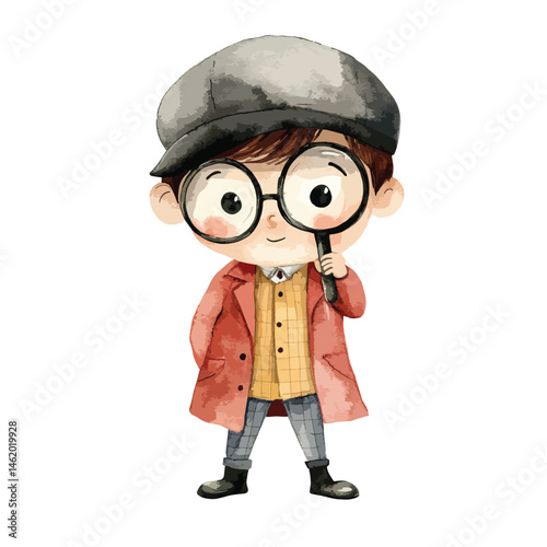 watercolor illustration of boy Detective clipart isolated