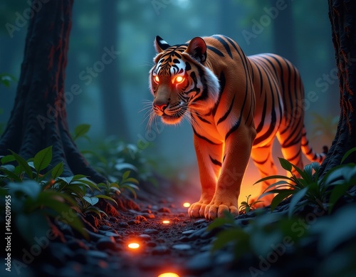 Obraz na płótnie Majestic Tiger with Glowing Eyes in Dark Forest. w salonie