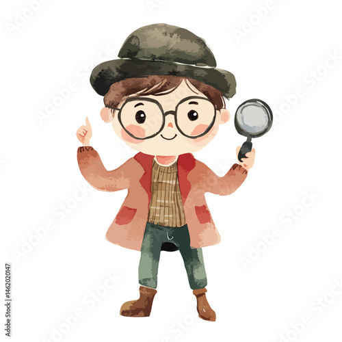 watercolor illustration of boy Detective clipart isolated