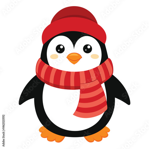A cute penguin wearing a red hat and a striped scarf on white  background
