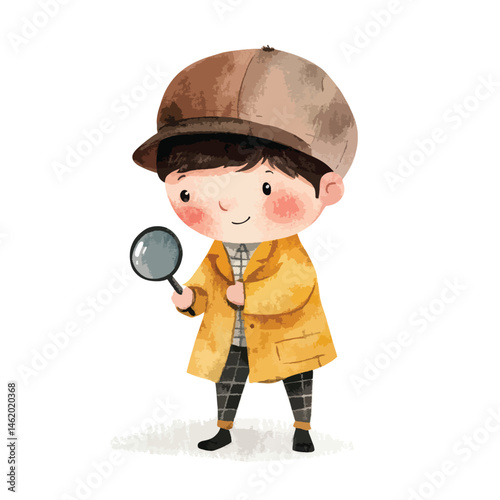 watercolor illustration of boy Detective clipart isolated