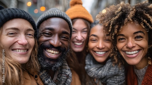 A diverse group of happy young adults smiles warmly for a close-up winter portrait in the city.