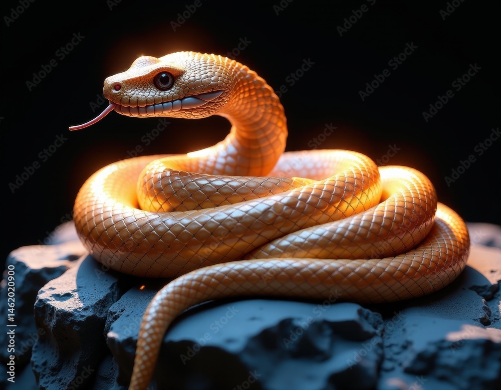 Golden Snake Coiled on Rocks - Dramatic Wildlife Close-Up
