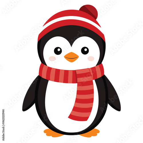 A cute penguin wearing a red hat and a striped scarf on white  background
