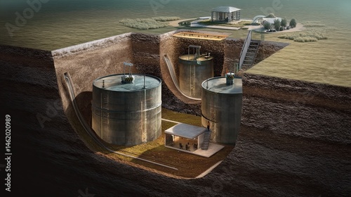 Carbon storage tanks illustrated in underground setting with transparent soil cutaway showing storage mechanisms and environmental impact