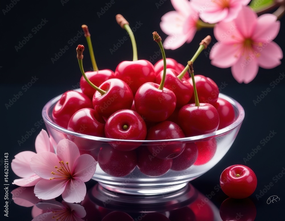 Fresh Cherries in Glass Bowl with Pink Flowers