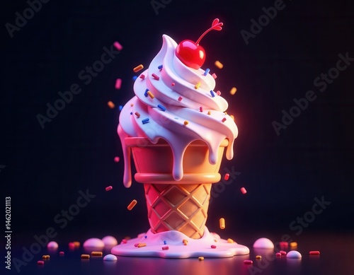 Melted Ice Cream Cone with Sprinkles and Cherry - 3D Render