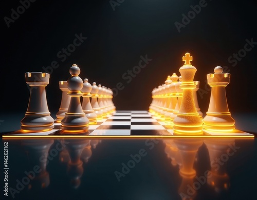 Illuminated Chessboard King Leading the Charge.