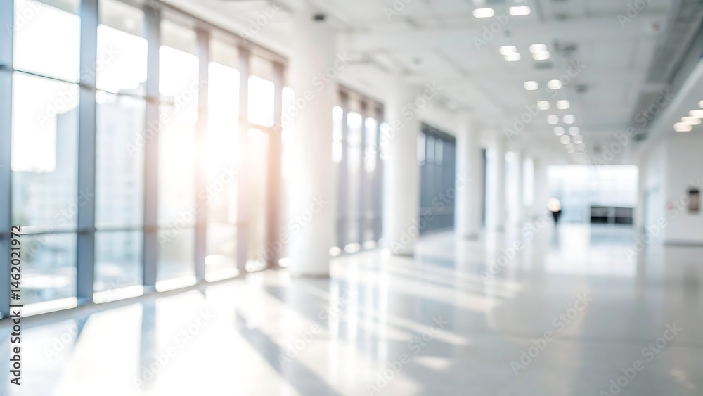 Fototapeta premium Bright sunlight streaming through windows in large room blurred background modern architecture
