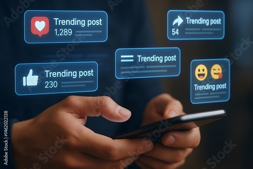 Person using smartphone,  engaging with trending social media posts. Likes, shares, and comments.