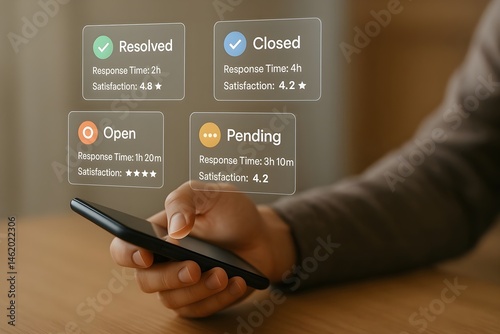 Person checks their phone's support requests, seeing statuses like resolved, closed, open, and pending with response times and satisfaction ratings.