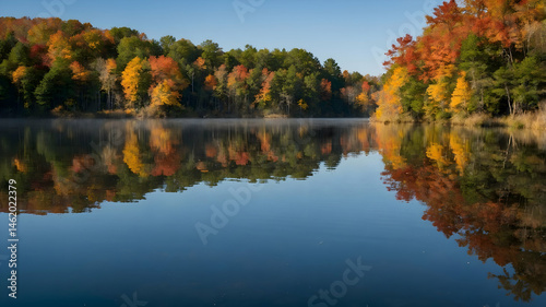 Autumn Colors Reflecting on Calm Lake Water