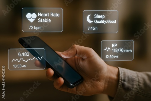 Person checks health data on their phone.  Vital signs displayed as digital overlays.