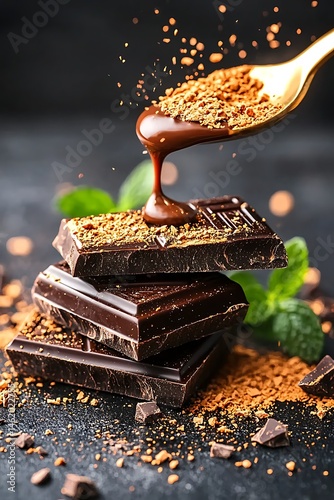 Dark chocolate stack, hot fudge pouring photo