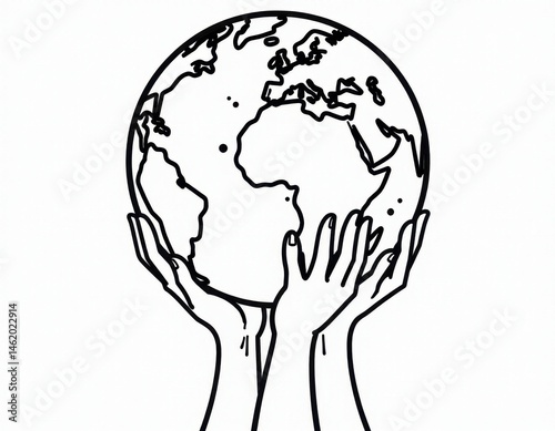 Hands Holding Earth Globe - Line Art Illustration