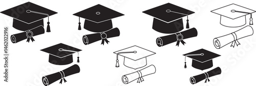 student, university, education, silhouette, college, hat, graduation, graduate, school, mortarboard, cap, celebration, illustration, vector, academic, ceremony, black, isolated, success, high, master,
