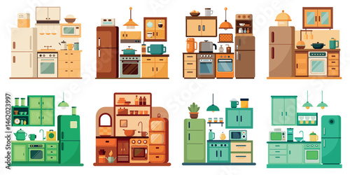 set of interior design. Room with fridge, oven, microwave, sink and kettle. Cupboard furniture. Vector illustration Free Vector on a white background 