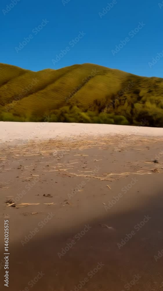 Gentle ocean waves washing onto sandy beach with mountains and green trees under a blue sky on a peaceful sunny day Gentle ocean waves washing onto sandy beach with mountains and green trees under a blue sky on a peaceful sunny day