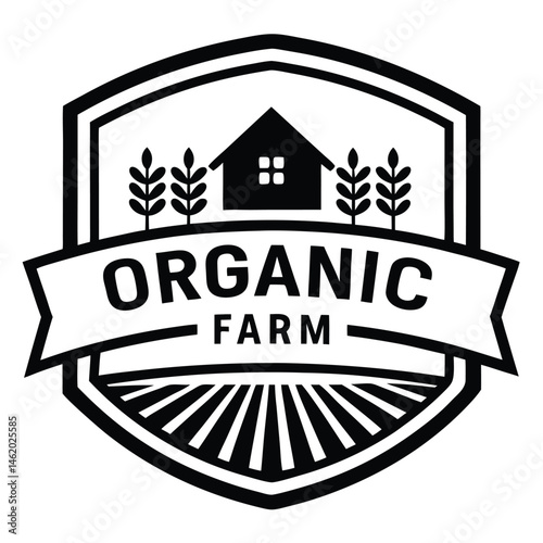 Organic Farm Logo Design Rustic Shield Badge with Wheat and House