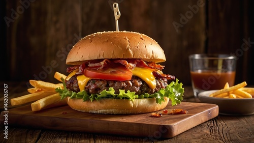 Juicy Triple Bacon Cheeseburger Served with French Fries on Wooden Background