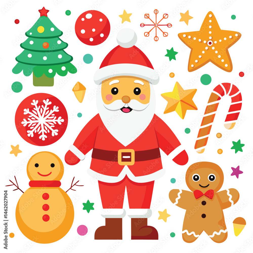 a collection of Christmas-themed illustrations, including Santa Claus, ornaments, wreaths, and gifts on white background a collection of Christmas-themed illustrations, including Santa Claus, ornaments, wreaths, and gifts on white background