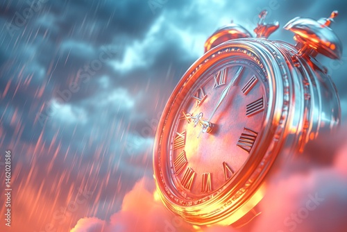 A massive golden clock suspended in a stormy sky, illuminated by dramatic light, symbolizing urgency and the end times.

