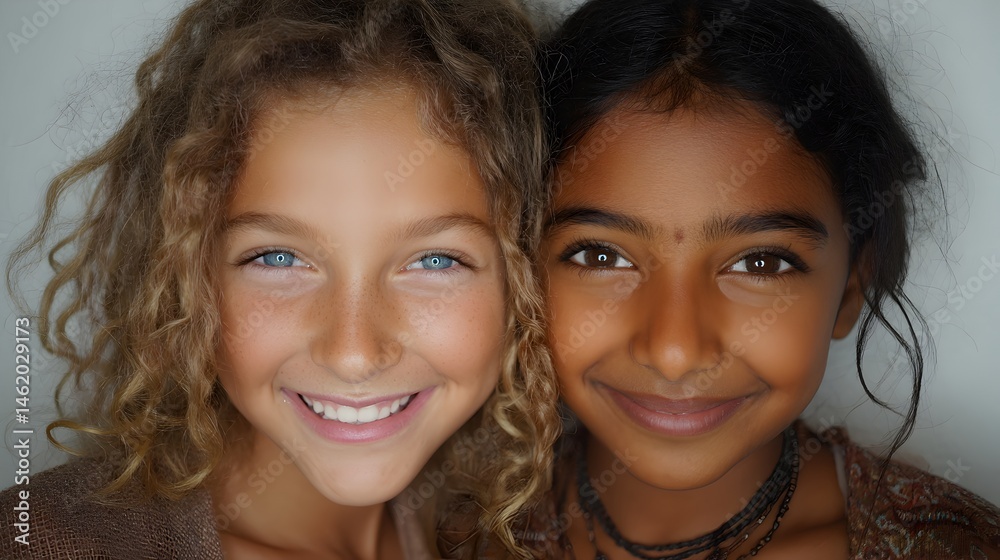 Fototapeta premium Two smiling young girls with different ethnicities pose closely together for a cheerful portrait showcasing diverse beauty.