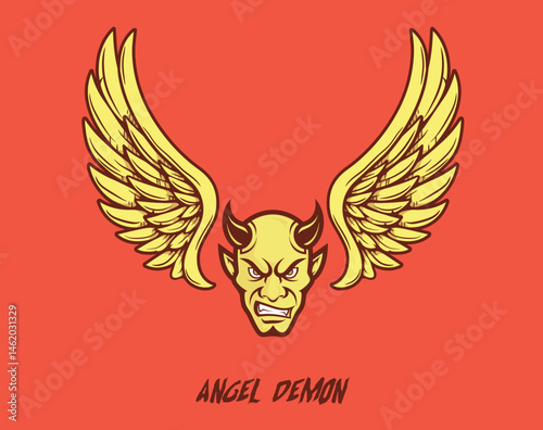 An illustrated cartoon of an angry devil with golden wings, symbolizing the duality of good and evil against a vibrant orange backdrop.