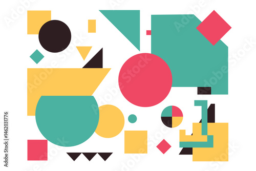 Geometric shapes in a colorful composition create a modern and abstract design on a clean white background.