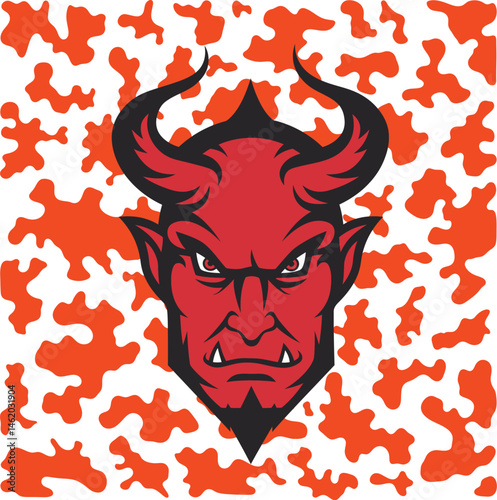 A fierce red devil head with curved horns and an intense gaze, set against an abstract orange and white background.