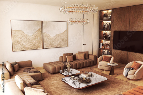 Earth toned luxury living room with marble and crystal decor