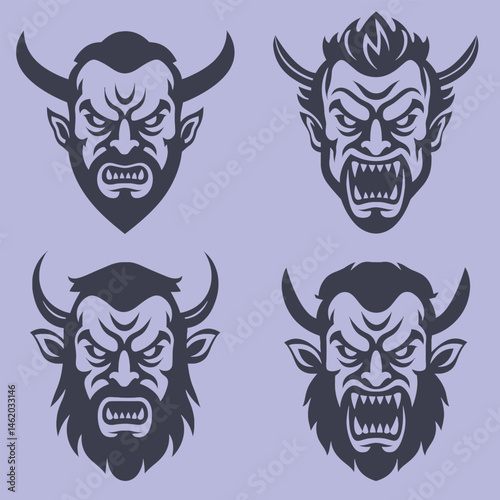 Four menacing devil head icons showcase fierce expressions and prominent horns against a pale purple background.