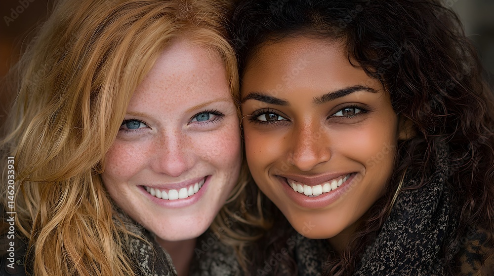 Two young women with different ethnicities smile brightly together, showcasing diverse beauty and friendship in a close-up portrait. Two young women with different ethnicities smile brightly together, showcasing diverse beauty and friendship in a close-up portrait.