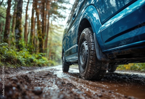 Wallpaper Mural a blue van navigates a muddy forest path, showcasing its off-road capabilities amidst lush greenery. Torontodigital.ca