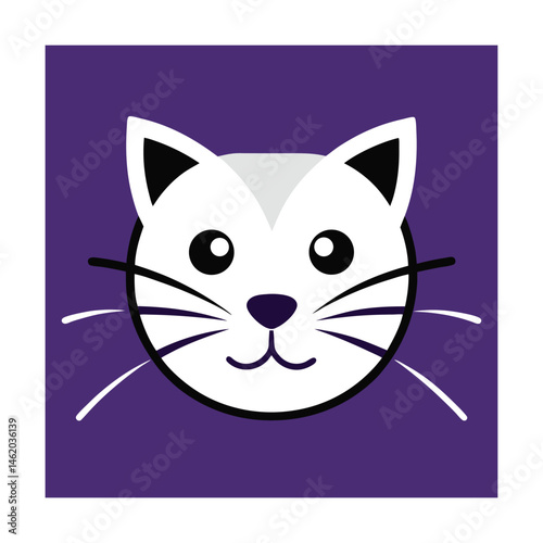 Simple and adorable cat face illustration on a purple background for various applications