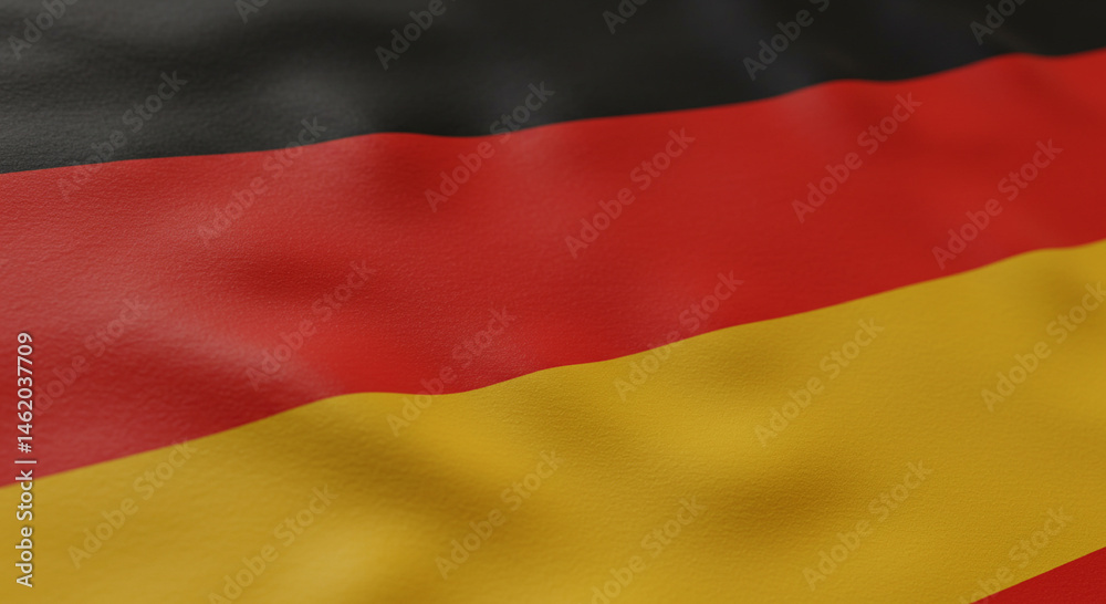 Naklejka premium Flag of Germany waving realistically against daytime sky background with white clouds. German national symbol, patriotism, Berlin travel, European country concept banner.