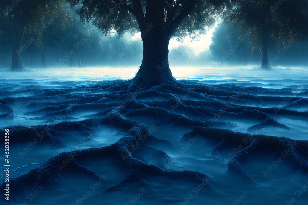Fototapeta premium Mysterious tree surrounded by fog and intricate roots at dawn in a serene forest environment