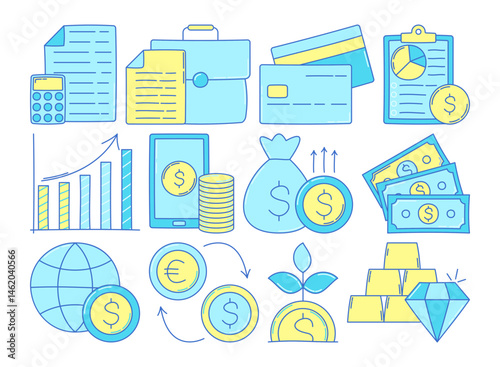 Doodle-style global business icon set with finance, money, credit, and growth elements. Perfect for infographics, reports, and web designs.