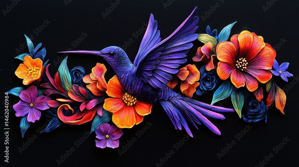 Vibrant Hummingbird Amidst a Tapestry of Sculpted Flowers