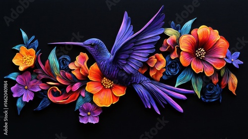Obraz na płótnie Vibrant Hummingbird Amidst a Tapestry of Sculpted Flowers w salonie