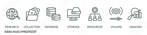 Printbig data outline banner icon of research, collection, database, storage, resources, volume, analysis