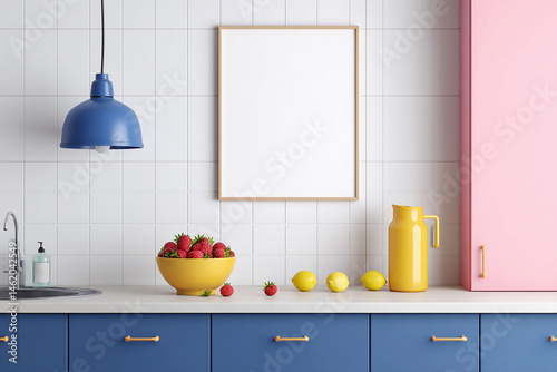 Bright kitchen interior with modern blank frame for wall art mockup and vibrant fruit bowl